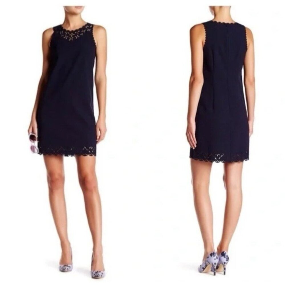 J Crew Shift Dress 12 Navy Blue Scalloped Laser Cut Mod Sleeveless